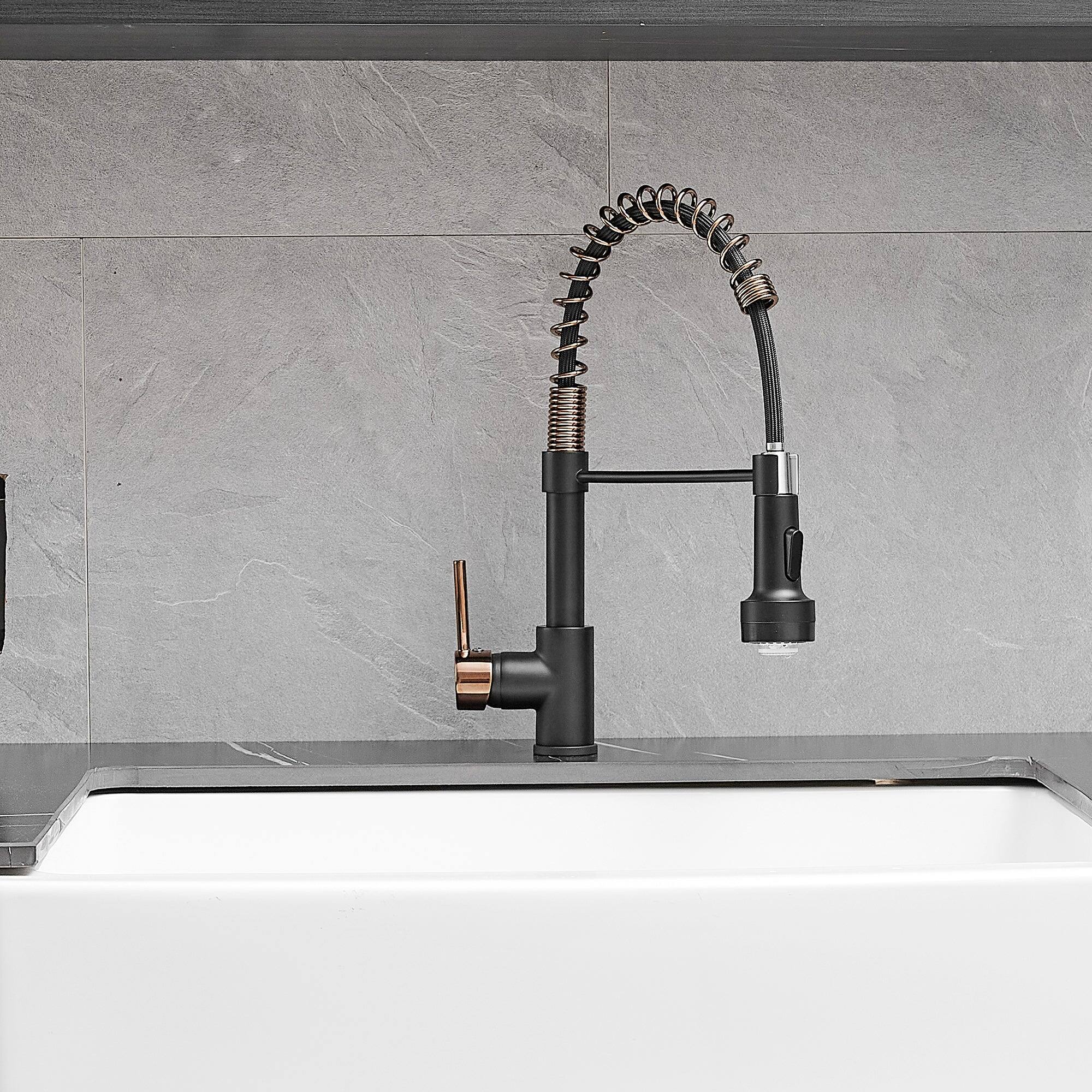 Alt View 8. Boyel Living - Brass Pull Down Sprayer Kitchen Faucet with LED Temperature Sensor Light in Matte Black Rose Gold - Matte Black with Rose Gold.