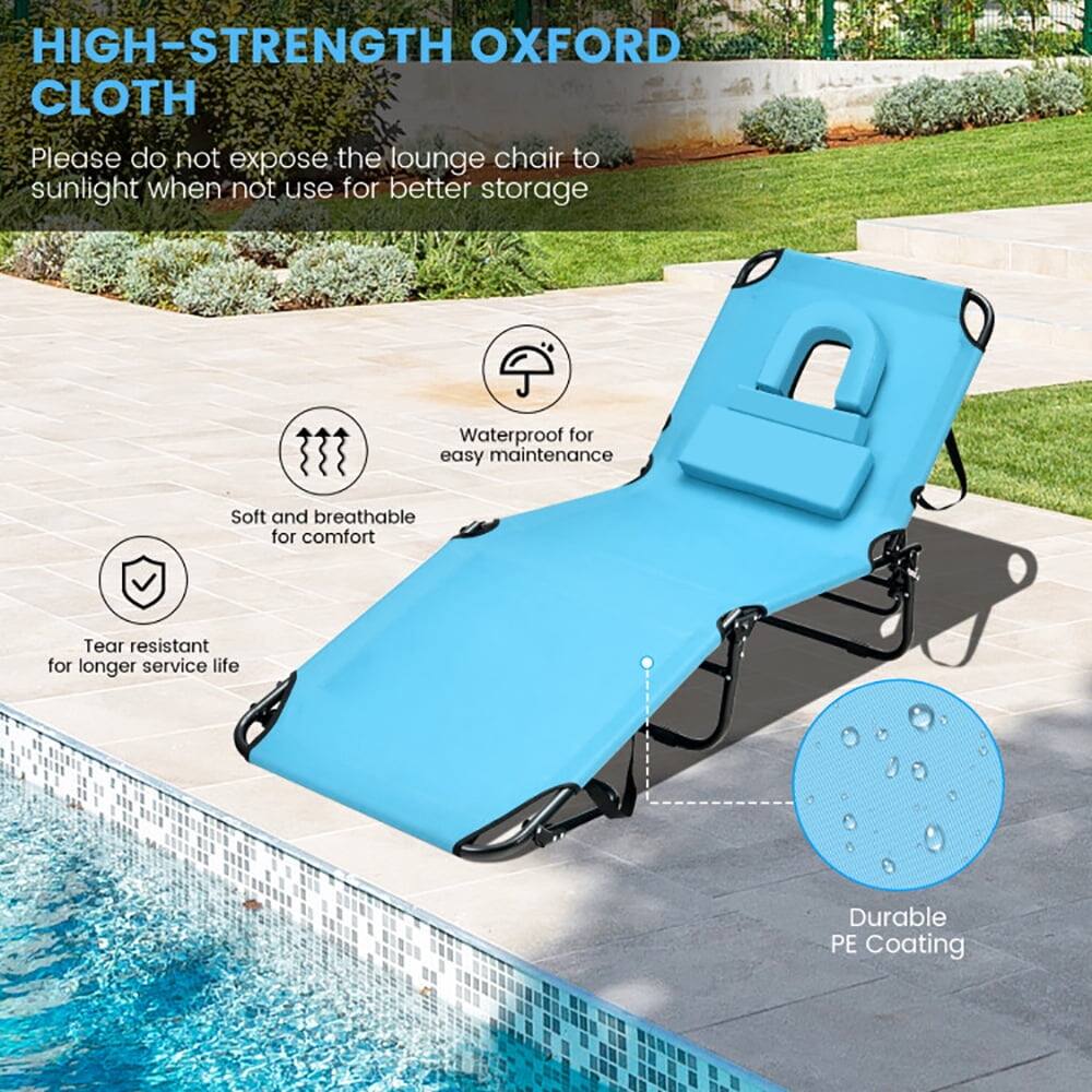HIGH-STRENGTH OXFORD CLOTH

Please do not expose the lounge chair to sunlight when not in use for better storage.

- Waterproof for easy maintenance
- Soft and breathable for comfort
- Tear resistant for longer service life
- Durable PE Coating