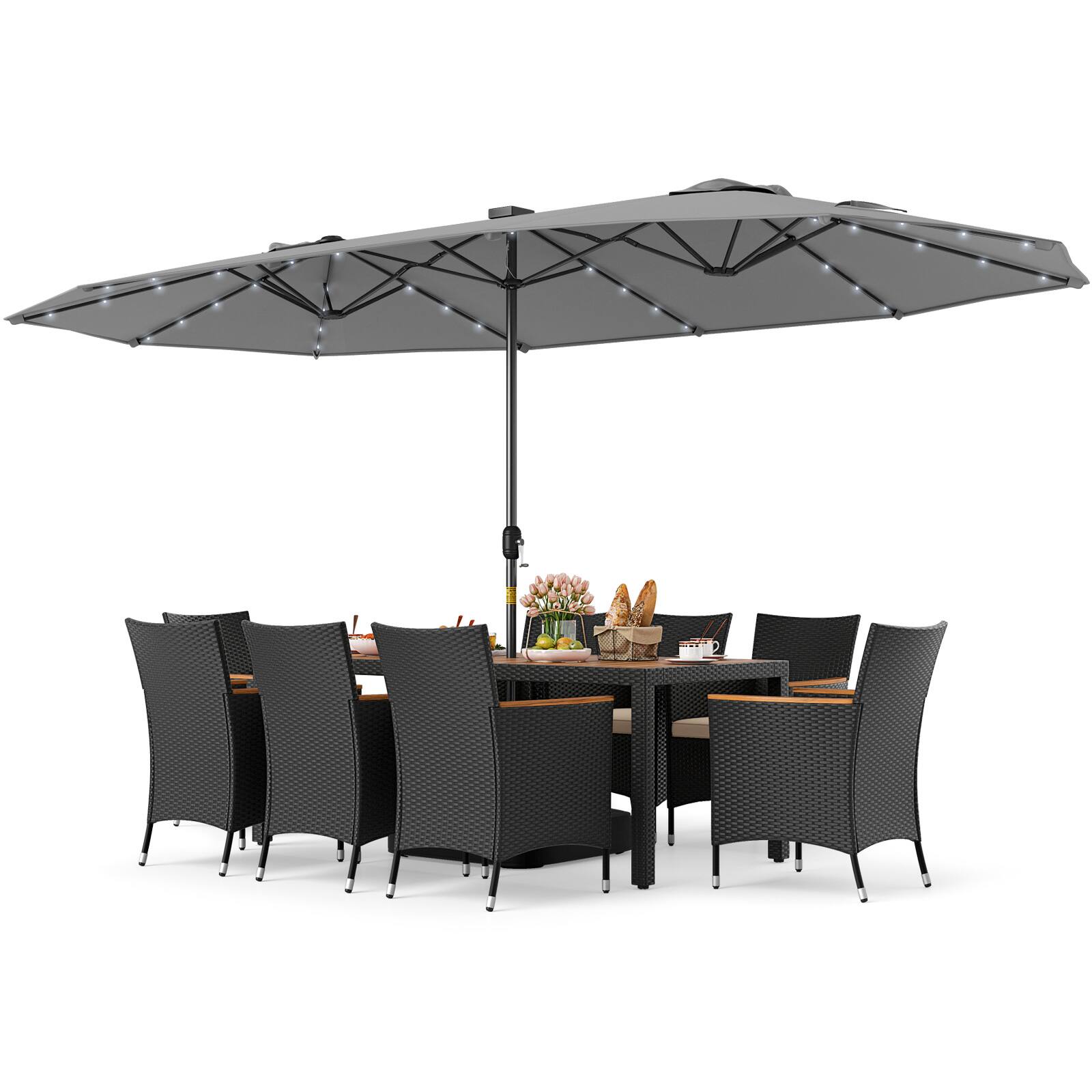 Alt View 5. Gymax - Gymax Set Of 11 Patio Dining Set w/ 15ft Double-Sided Patio Umbrella (Base Included) Gray - Gray.