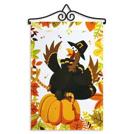 G128 - Combo Garden Flag Hanger 14.2 in with 12x18 in Pilgrim Turkey and Pumpkin Printed 150D Polyester Flag - Multicolor