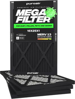 PuroAir - 16x25x1 HVAC Mega Filter MERV 13 Pleated Plus Activated Carbon Air Filter (4-Pack) - Black