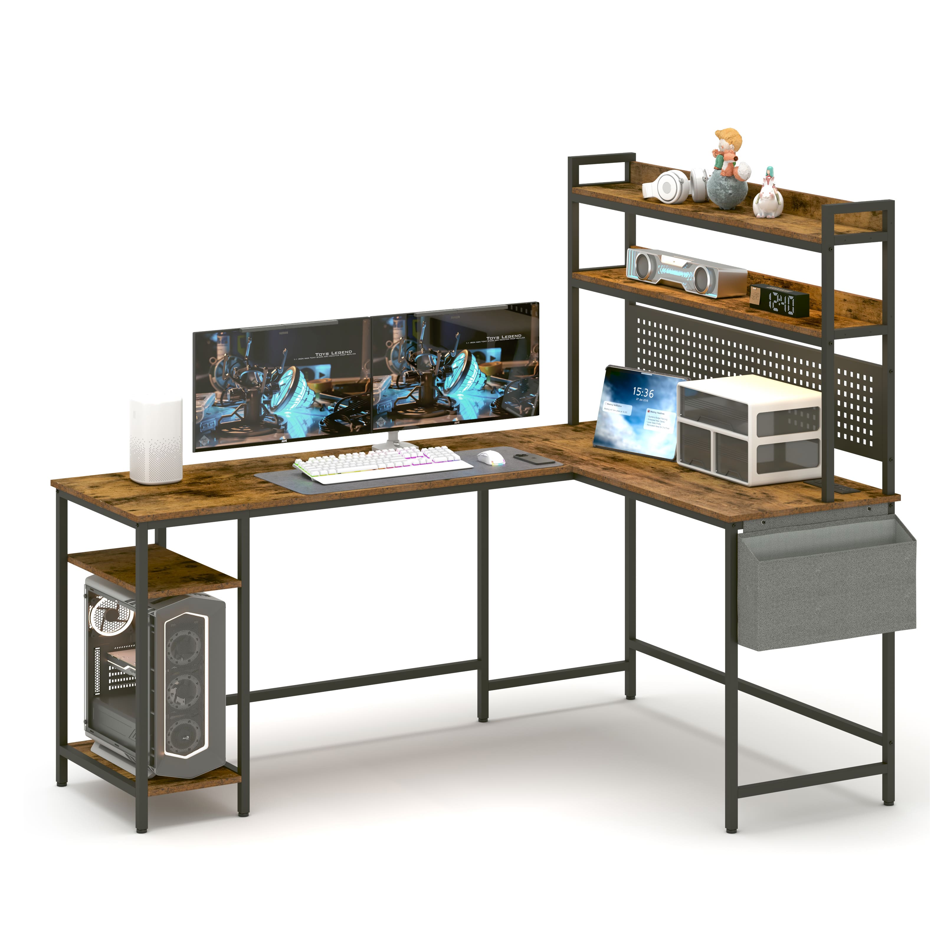 Dexmalle - Dexmalle-L Shaped Office Desk Gaming Desk with Storage Shelf and Monitor Stand-Rustic Brown