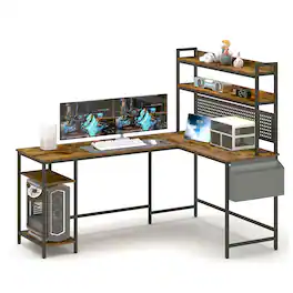 Dexmalle - Dexmalle-L Shaped Office Desk Gaming Desk with Storage Shelf and Monitor Stand-Rustic Brown