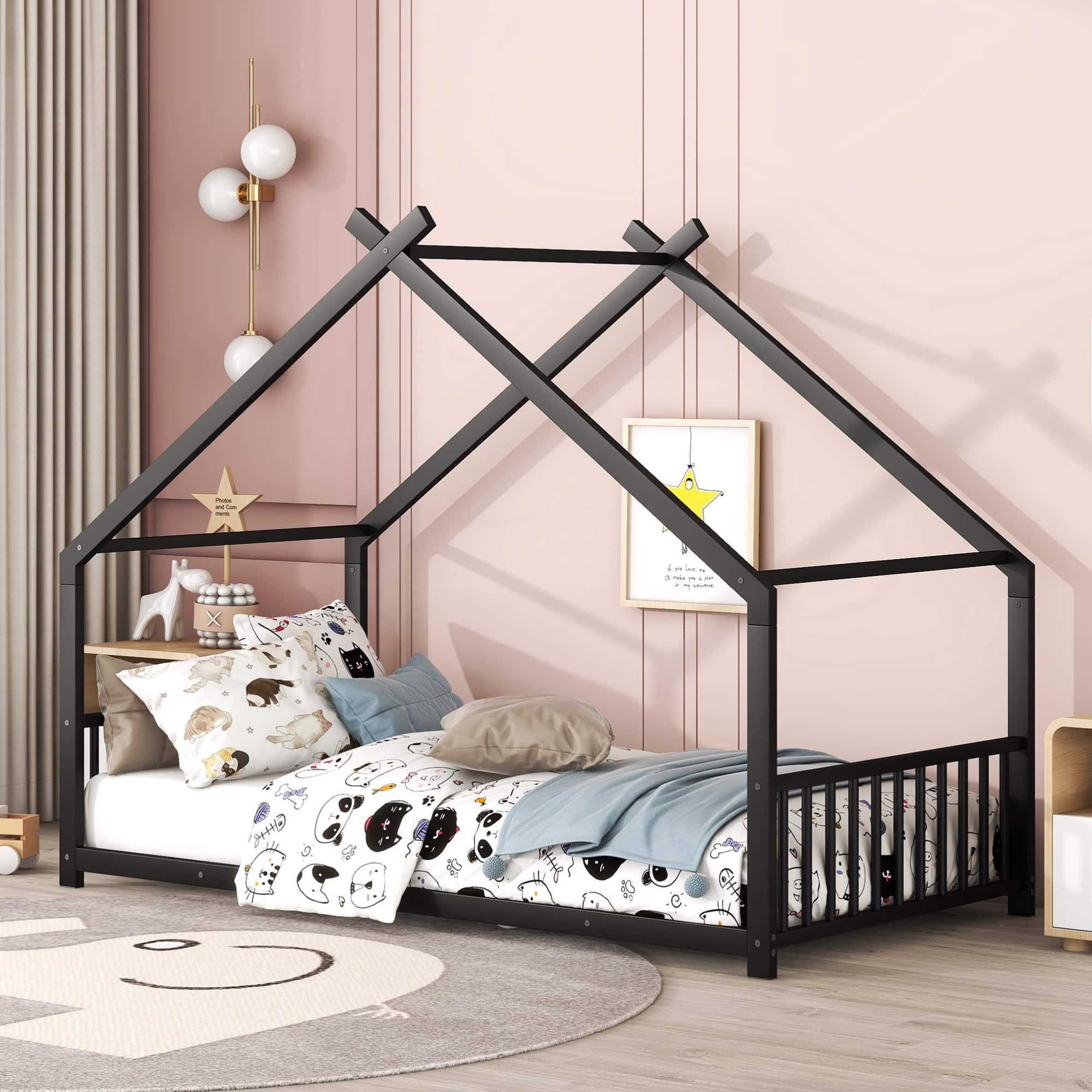 GOODSILO - Twin Size Metal House Frame Bed with Playful Roof Design for Children's Bedroom and Play Area - Black