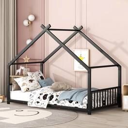 GOODSILO - Twin Size Metal House Frame Bed with Playful Roof Design for Children's Bedroom and Play Area - Black