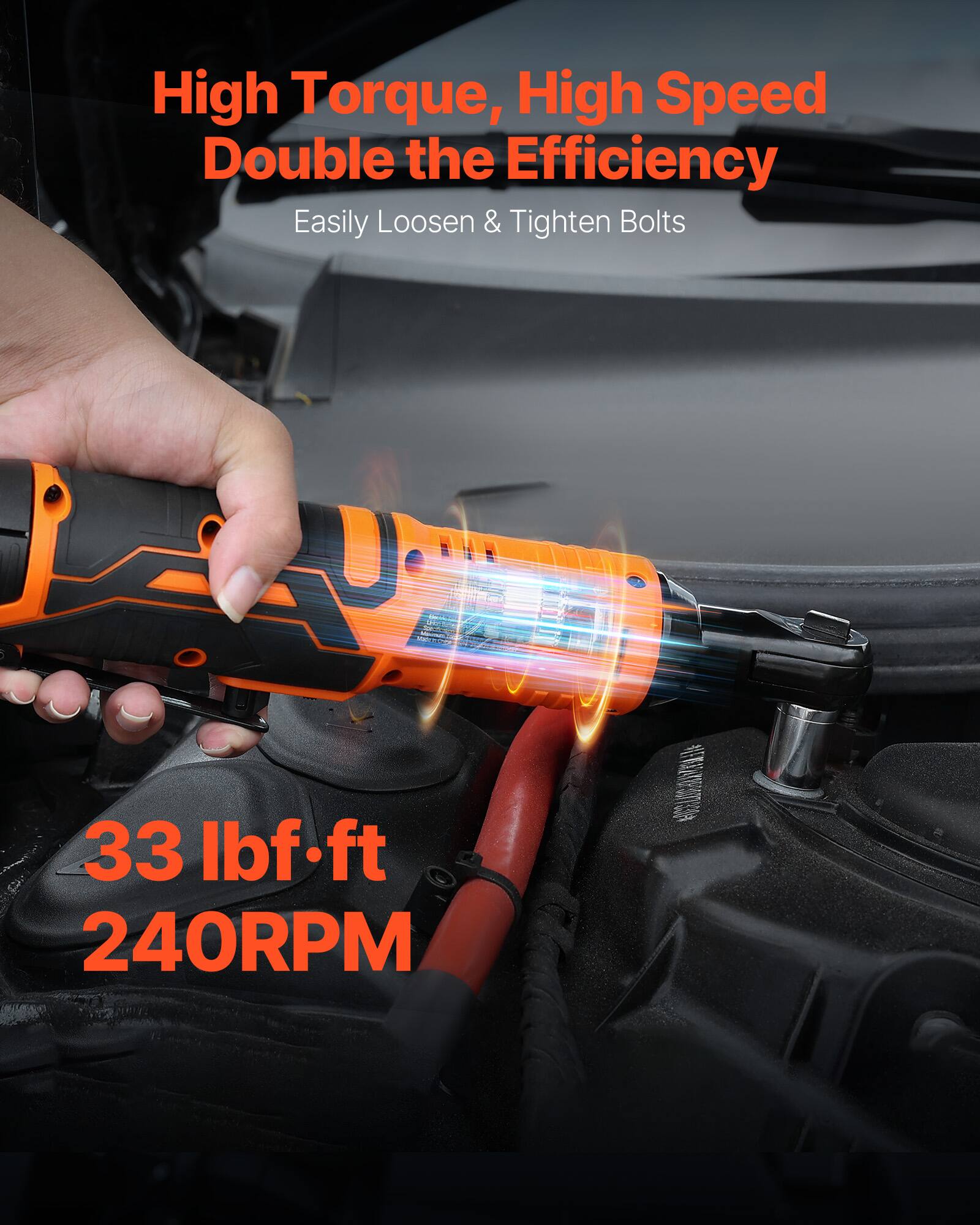High Torque, High Speed  
Double the Efficiency  
Easily Loosen & Tighten Bolts  

33 lbf-ft  
240RPM