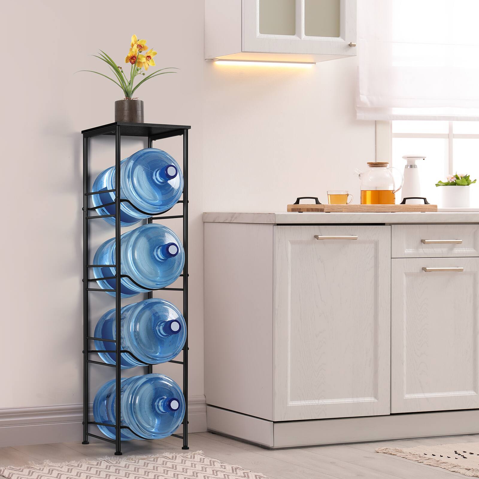 Alt View 2. Oumilen - 4-Tier 5 Gallon Water Jug Storage Rack with Top Black Wood Shelf, Matte Black Round Tube Metal Water Bottle Organizer - Black.