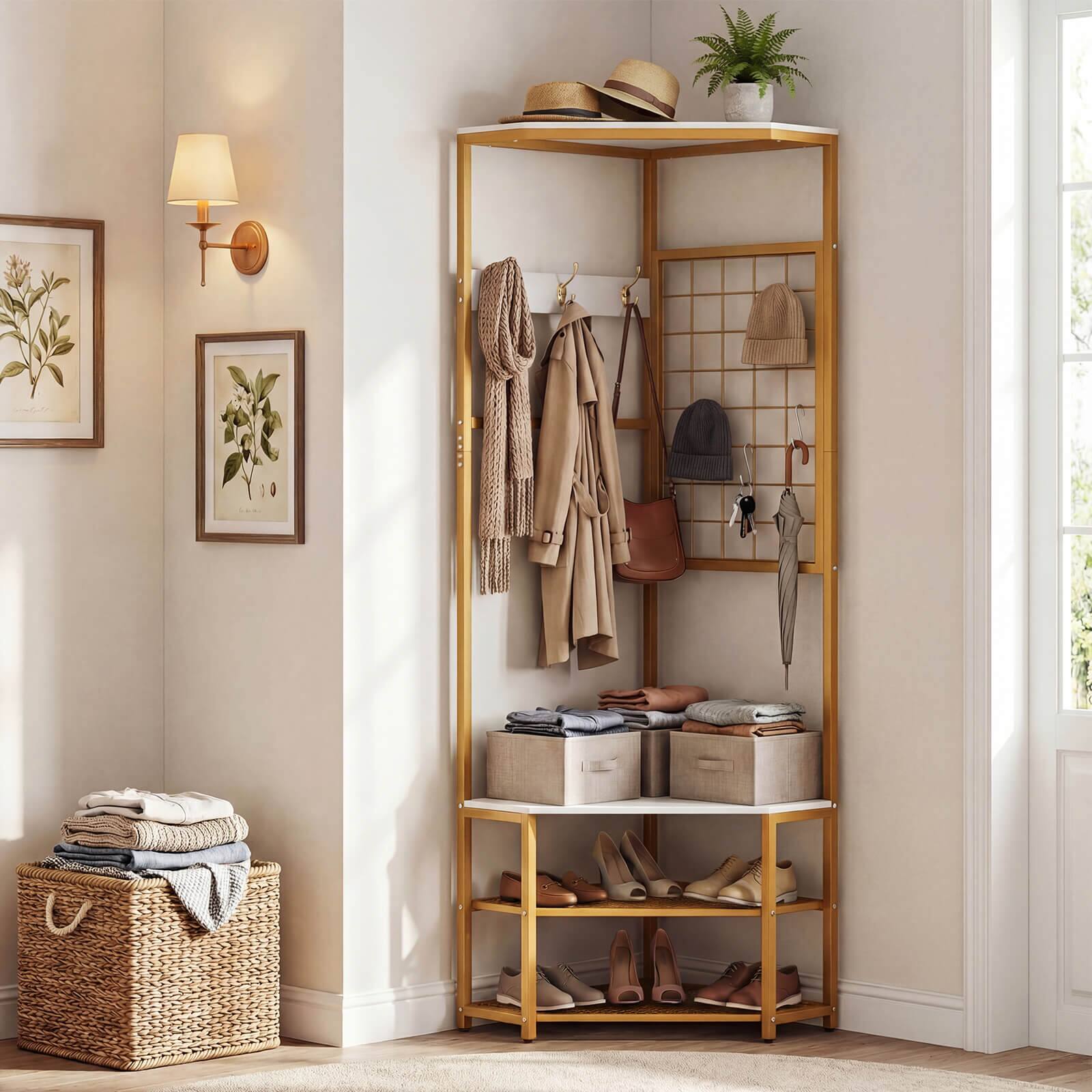 Alt View 1. Costway - Costway Corner Hall Tree, Freestanding Coat Rack with Storage Shelves & Removable Hooks - Gold + White.