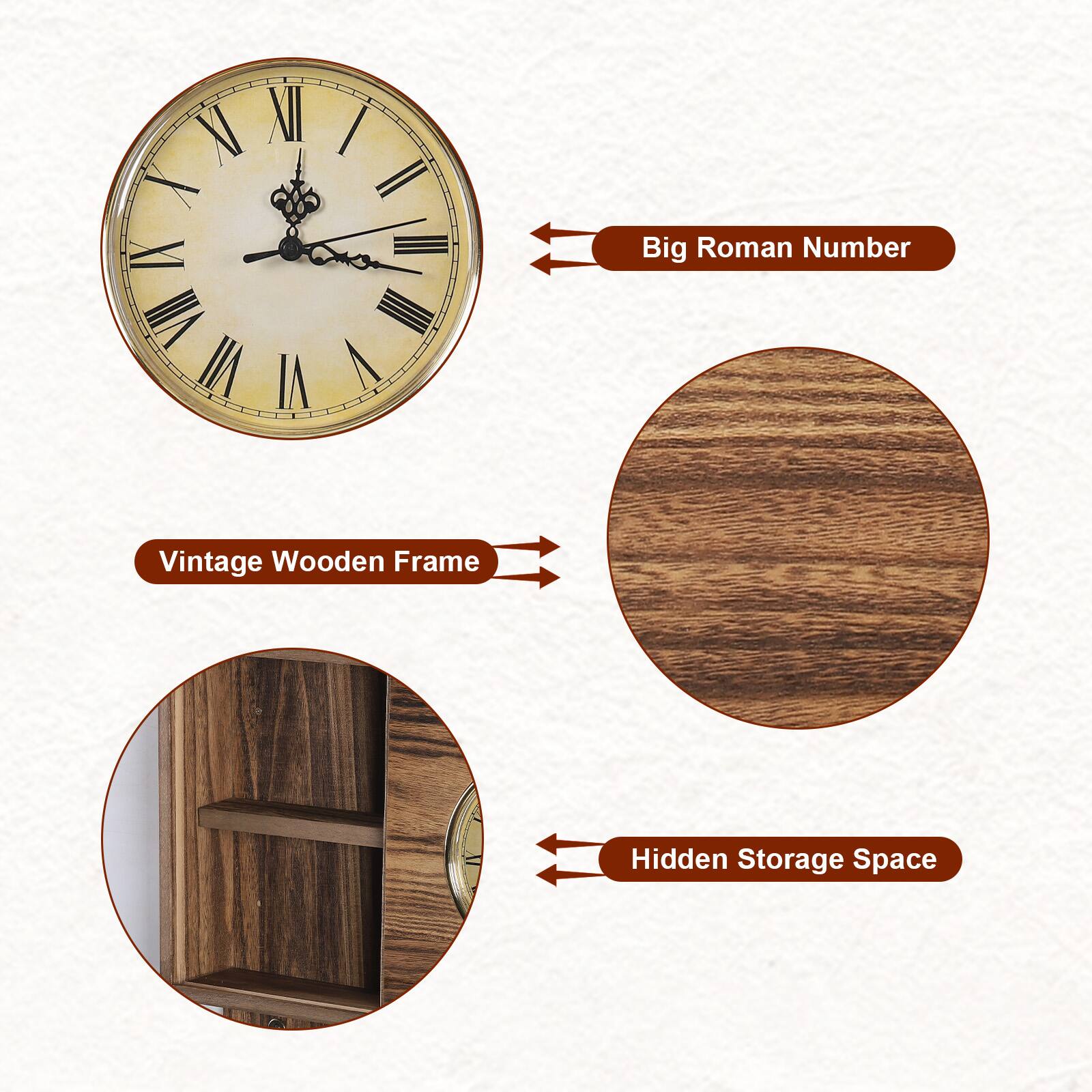 XI XII | X II IX III VIII IIII VII VI V

Big Roman Number
Vintage Wooden Frame
Hidden Storage Space