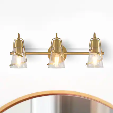 Front. Parrot Uncle - 24" Modern Gold 3-Light Bathroom Vanity Sonces Wall Light with Seeded Glass Shades - Gold, Clear.
