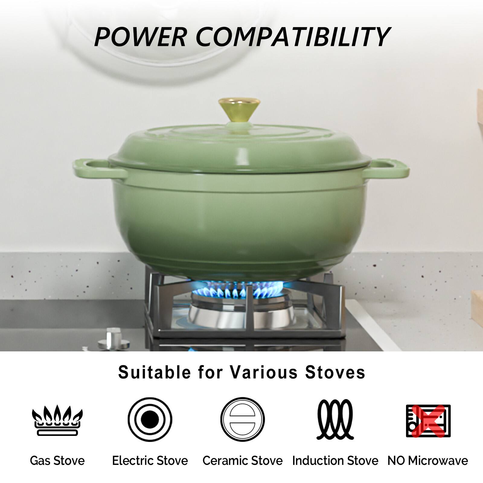 POWER COMPATIBILITY

Suitable for Various Stoves

- Gas Stove
- Electric Stove
- Ceramic Stove
- Induction Stove
- NO Microwave