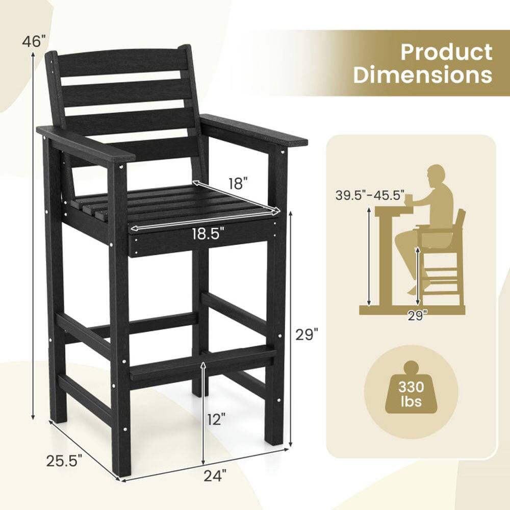 Product Dimensions:  
46" (Height)  
18" (Seat Width)  
18.5" (Seat Depth)  
29" (Back Height)  
25.5" (Overall Width)  
24" (Overall Depth)  
12" (Leg Width)  
39.5"-45.5" (Adjustable Height)  
330 lbs (Weight Capacity)