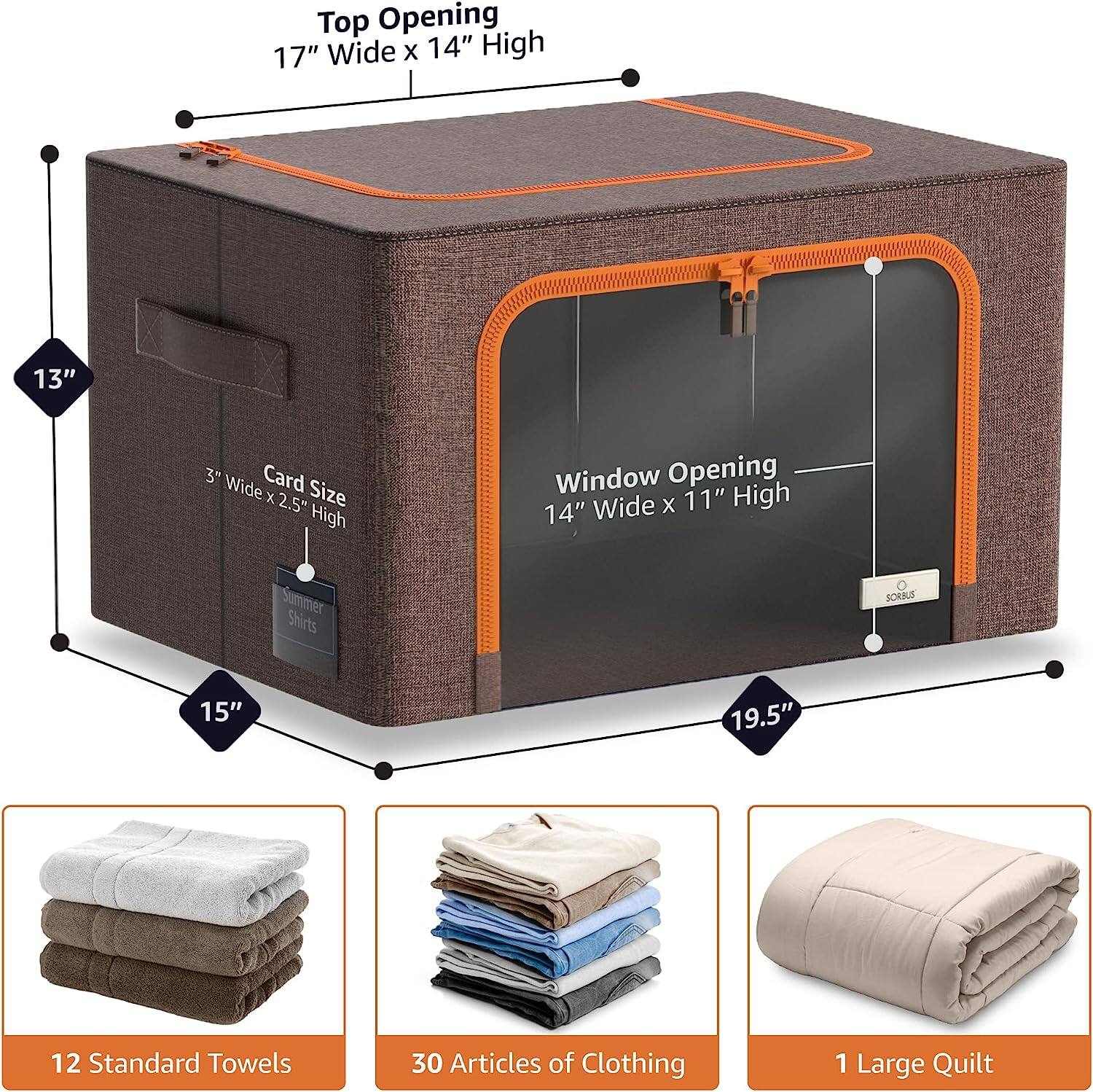 Top Opening  
17" Wide x 14" High  

Card Size  
3" Wide x 2.5" High  

Window Opening  
14" Wide x 11" High  

13"  
15"  
19.5"  

Summer Shirts  

12 Standard Towels  
30 Articles of Clothing  
1 Large Quilt