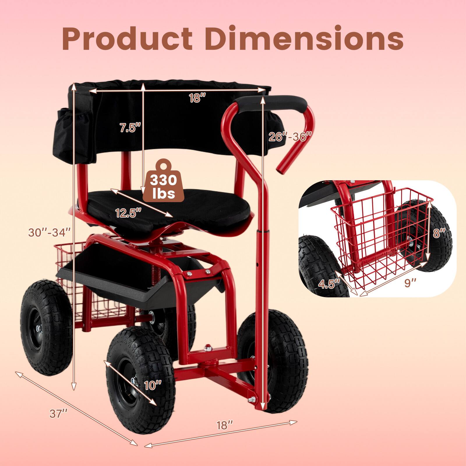 Product Dimensions: 18" x 7.5" x 26"-36" x 30"-34" x 330 lbs x 12.5" x 8" x 4.5" x 9" x 10" x 37" x 18"