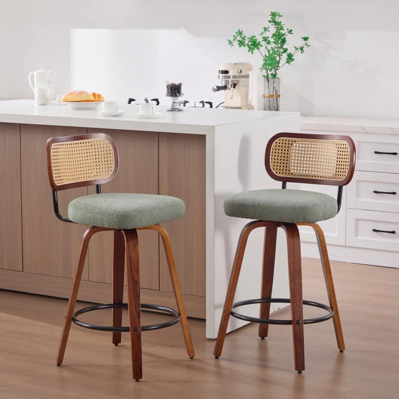 HTUTWOO - Swivel Counter Height Bar Stools Set of 2, Linen Upholstered with Curved Rattan Back, for Kitchen Island/Bar/Counter - Light Green