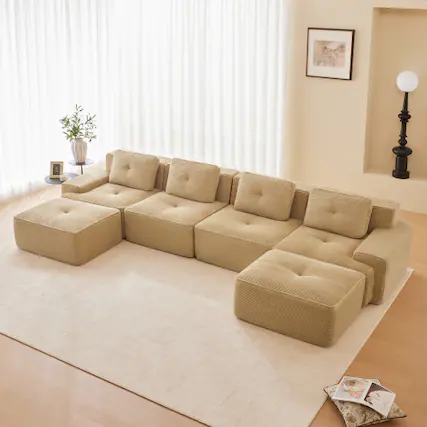 Front. Anysun - 153" U-Shape Corduroy Sectional Sofa with 2 Ottomans - 4-Seat Deep-Seat Couch, Pearl Piping, Tufted, No Assembly - Camel.
