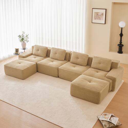 Front. Anysun - 153" U-Shape Corduroy Sectional Sofa with 2 Ottomans - 4-Seat Deep-Seat Couch, Pearl Piping, Tufted, No Assembly - Camel.