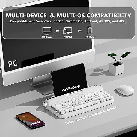 The corrected and grouped text from the image is:

**MULTI-DEVICE & MULTI-OS COMPATIBILITY**
Compatible with Windows, macOS, Chrome OS, Android, iPadOS, and iOS.

- Windows
- Mac/OS
- Android
- PC
- Pad/Laptop
- Phone

**4 Devices Between Switch Easily**

Easily switch between 4 devices.