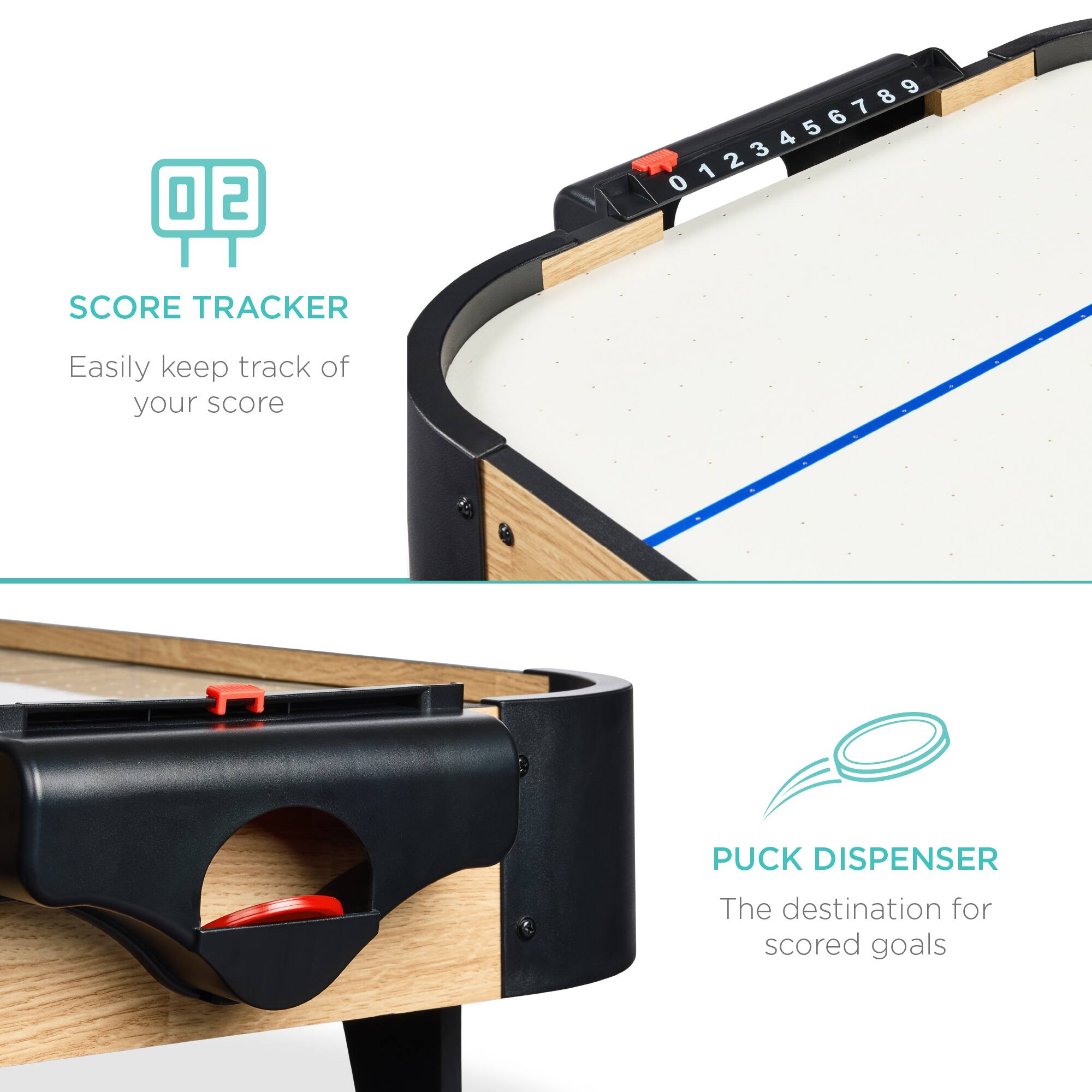 The text in the image can be grouped and corrected as follows:

**Score Tracker**
- Easily keep track of your score

**Puck Dispenser**
- The destination for scored goals