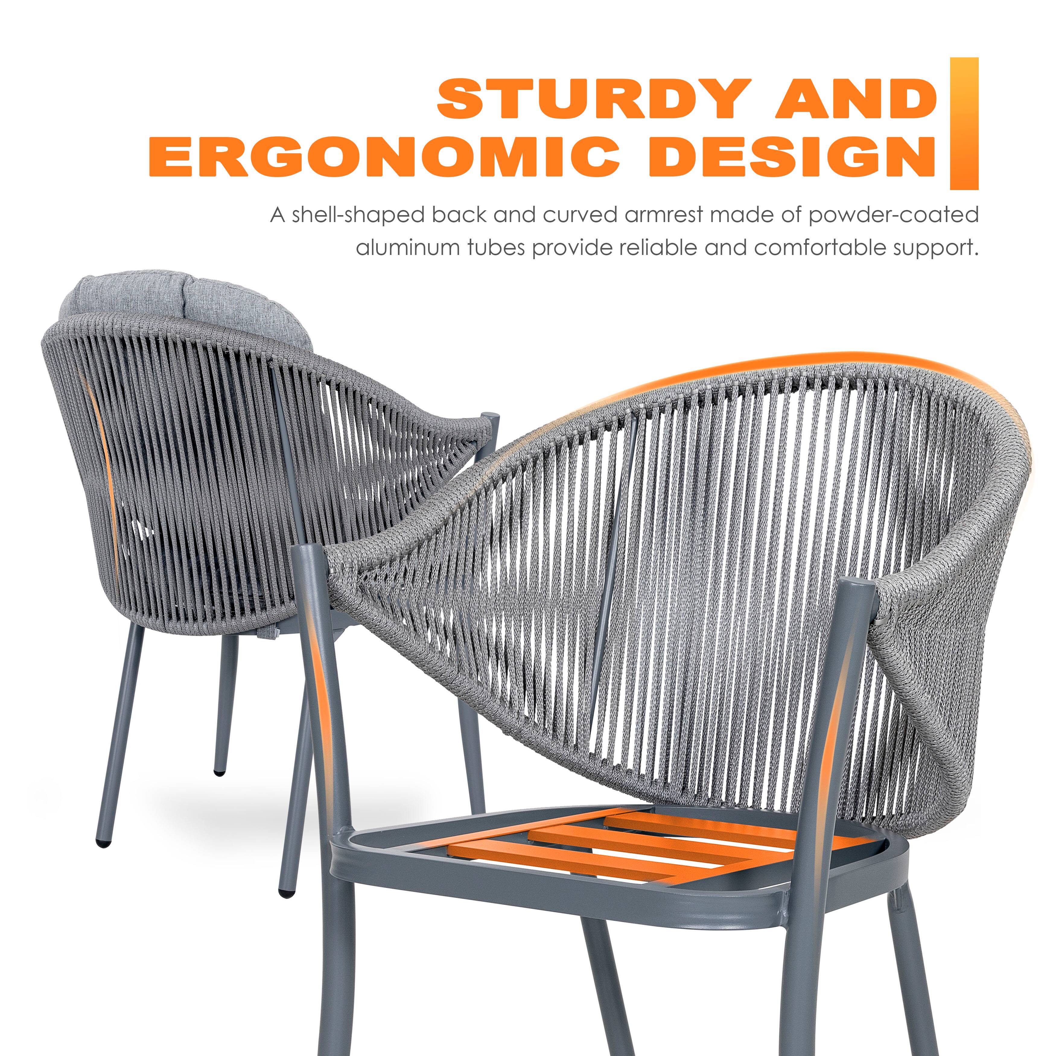 STURDY AND ERGONOMIC DESIGN

A shell-shaped back and curved armrest made of powder-coated aluminum tubes provide reliable and comfortable support.