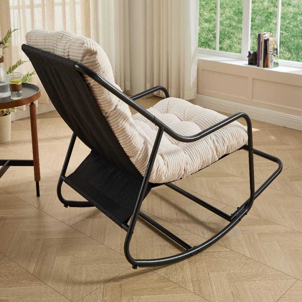 Alt View 3. Loheer - Loheer Outdoor Rocking Chair with Thick Cushion Black Steel Frame Modern Patio Rocker for Living Room Bedroom - Black and White.