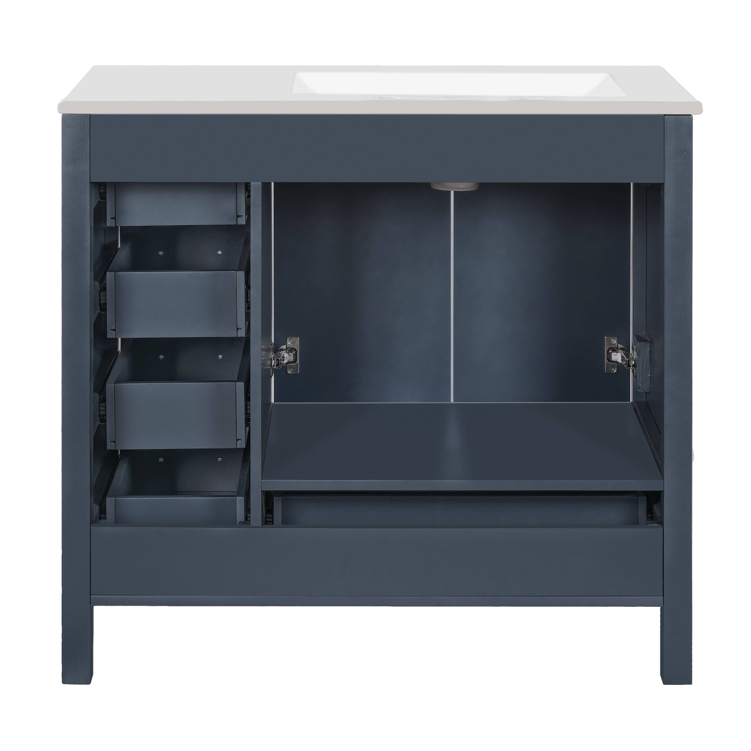 Back. Boyel Living - 36 Inch Blue Bathroom Vanity with Ceramic Sink, 2 Soft Close Doors, 5 Drawers - Gray.