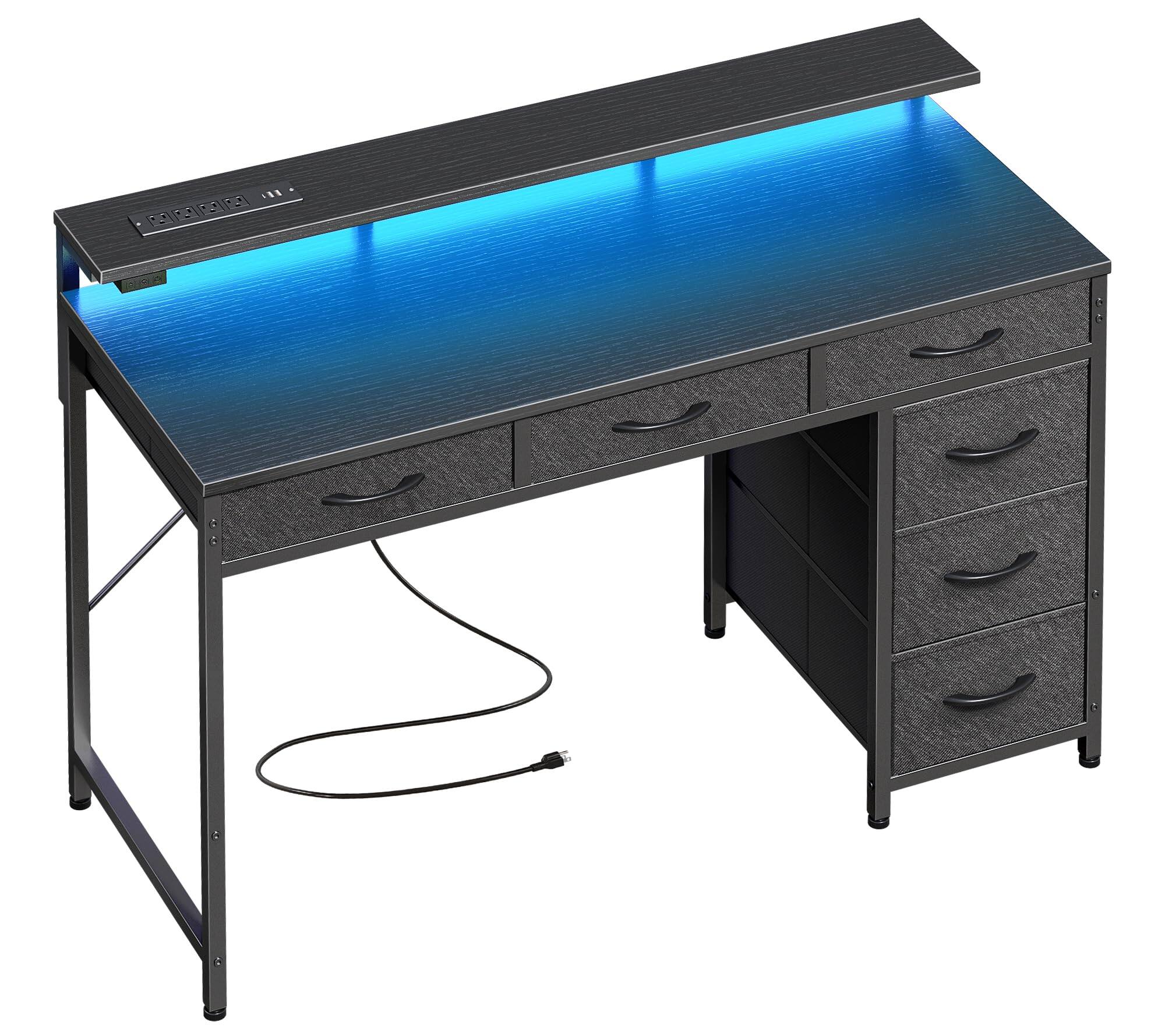 Fabibe - Gaming Desk With 6 Drawers Computer Led Lights Power Outlets And Type-c 55 Inch Office Storage Monitor Stand Office Desk - Black 39 inch