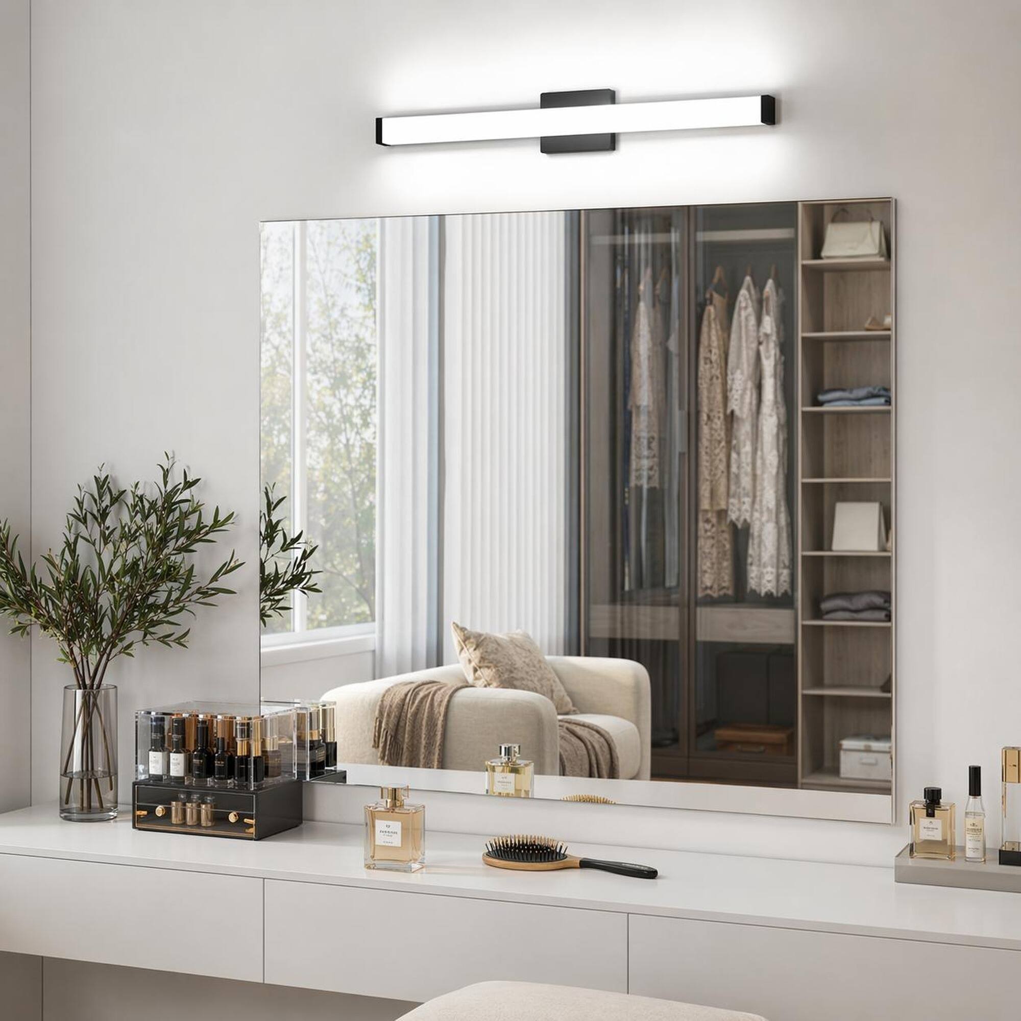Left. RYHNUYNE - Modern Matte Black LED Vanity Light Bar for Bathroom Mirror, 33-Inch 18W Cool White 6000K Fixture, Wall Mount Above.