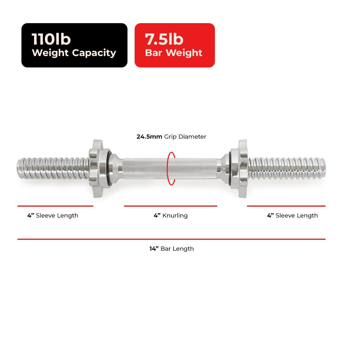 110lb Weight Capacity  
7.5lb Bar Weight  
24.5mm Grip Diameter  
4" Sleeve Length  
4" Knurling  
14" Bar Length