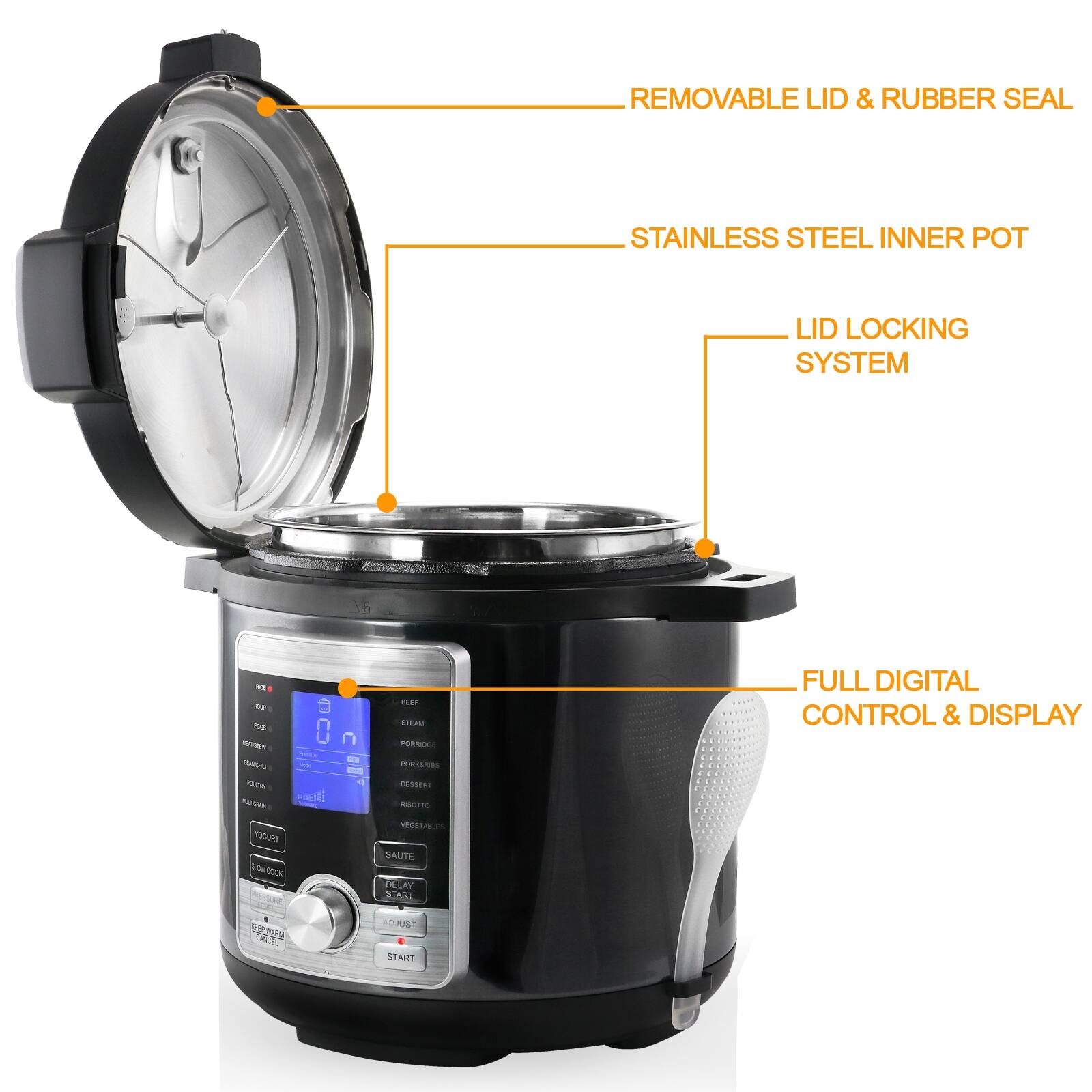 REMOVABLE LID & RUBBER SEAL, STAINLESS STEEL INNER POT, LID LOCKING SYSTEM, FULL DIGITAL CONTROL & DISPLAY