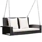 Front. Costway - Costway 2-Person Patio Rattan Hanging Porch Swing Bench Chair Cushion - Beige.