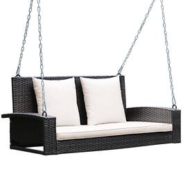 Costway - 2-Person Patio Rattan Hanging Porch Swing Bench Chair Cushion - Beige