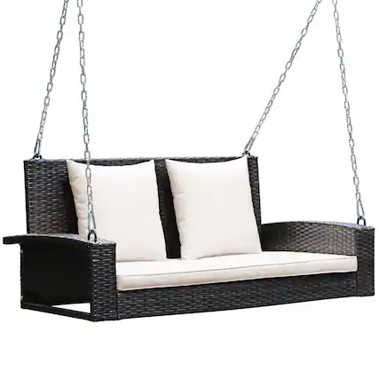 Front. Costway - Costway 2-Person Patio Rattan Hanging Porch Swing Bench Chair Cushion - Beige.