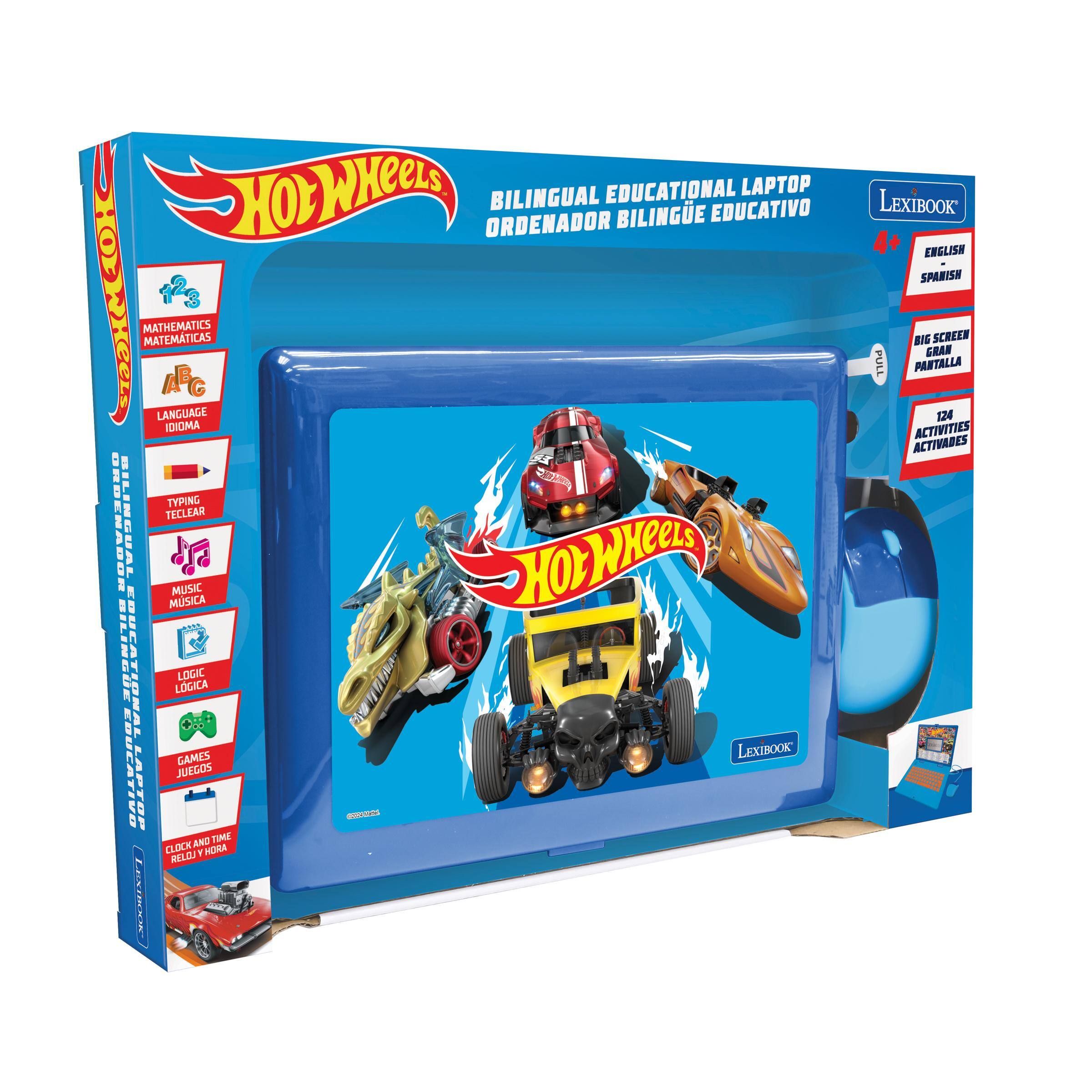 HOT WHEELS EDUCATIONAL LAPTOP BILINGUAL EDUCATIVO ORDENADOR BILINGUE HRiED MATHEMATICS MATEMATICAS LANGUAGE IDIOMA TYPING TECLEAR DADENADOR MUSIC HOLWHeeLs HOL MSICA BILINGUE EDUCATION LGICA LOGIC GAMES JUEGOS AND TIME CLOCK Y HOA RELOU M LEXIBOOK 4+ ENGLISH SPANISH BIG SCREEN GRAN PANTALLA 124 ACTIVITIES ACTIVIDADES