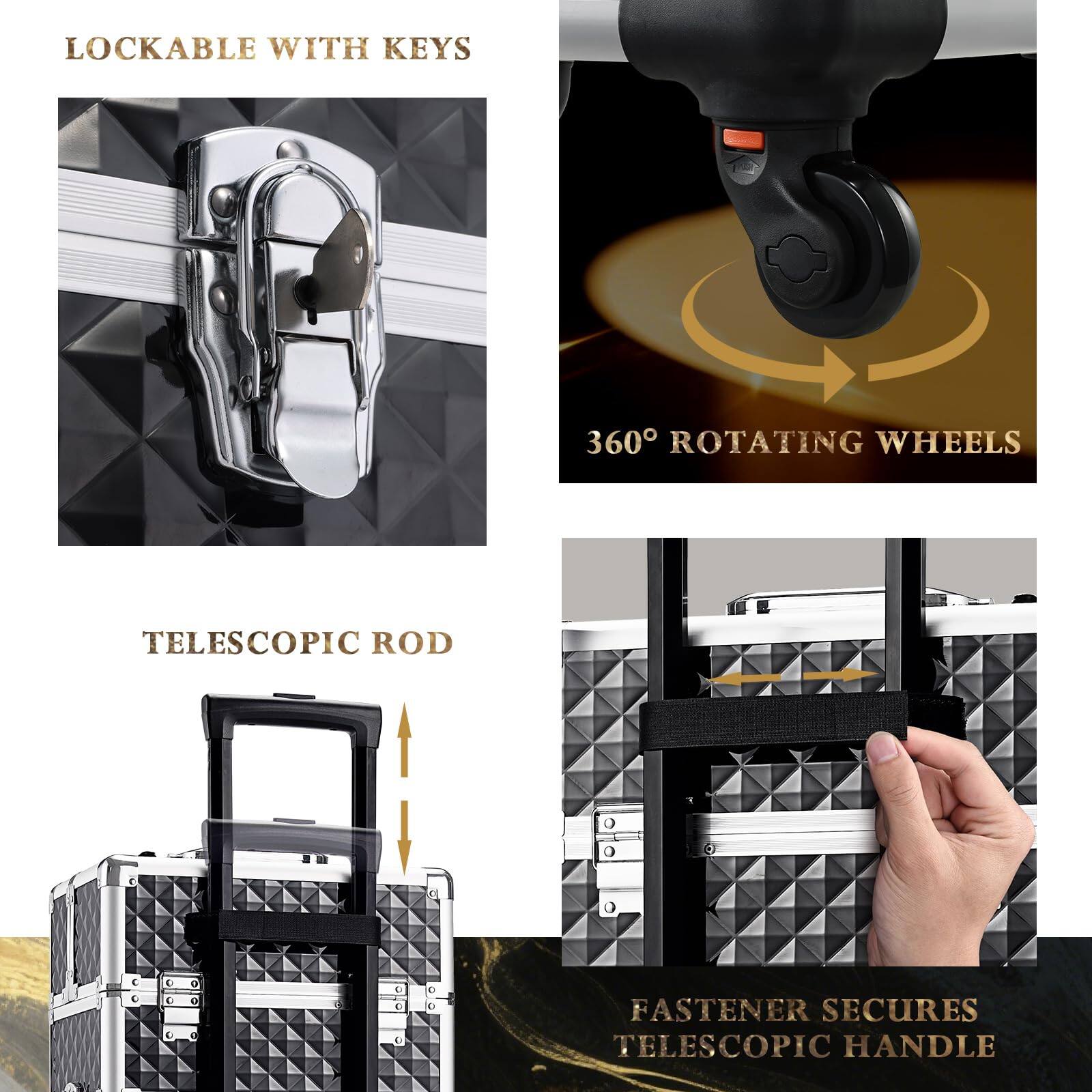 - LOCKABLE WITH KEYS
- 360° ROTATING WHEELS
- TELESCOPIC ROD
- FASTENER SECURES TELESCOPIC HANDLE