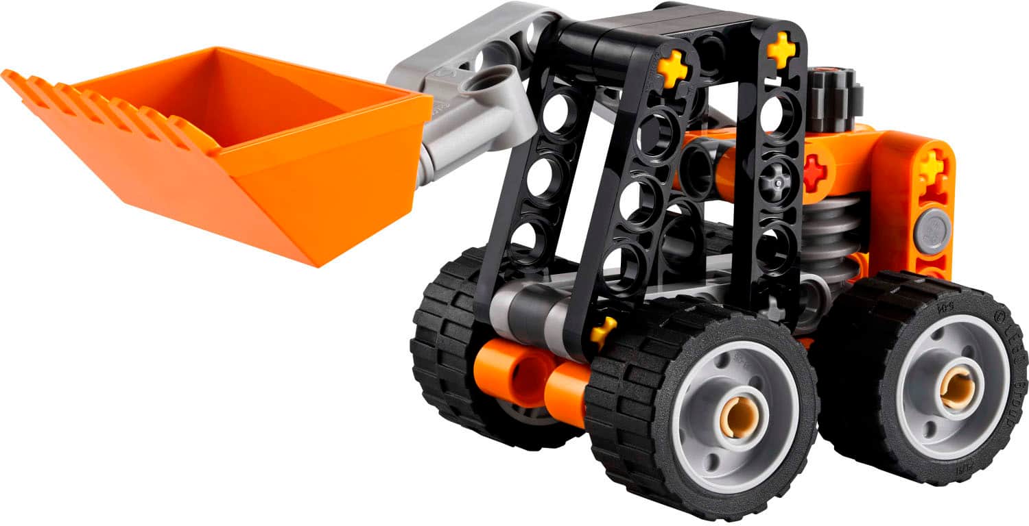 The image features a small toy tractor with a bucket on the front. The toy is made of plastic and has a bright orange color. It is designed to be a fun and engaging play item for children. The toy tractor is equipped with wheels, allowing it to move around and perform tasks like digging or transporting materials. The bucket on the front can be used for various purposes, such as collecting and moving small objects or debris. The toy is a great addition to a child's toy collection and can help develop their imagination and creativity.