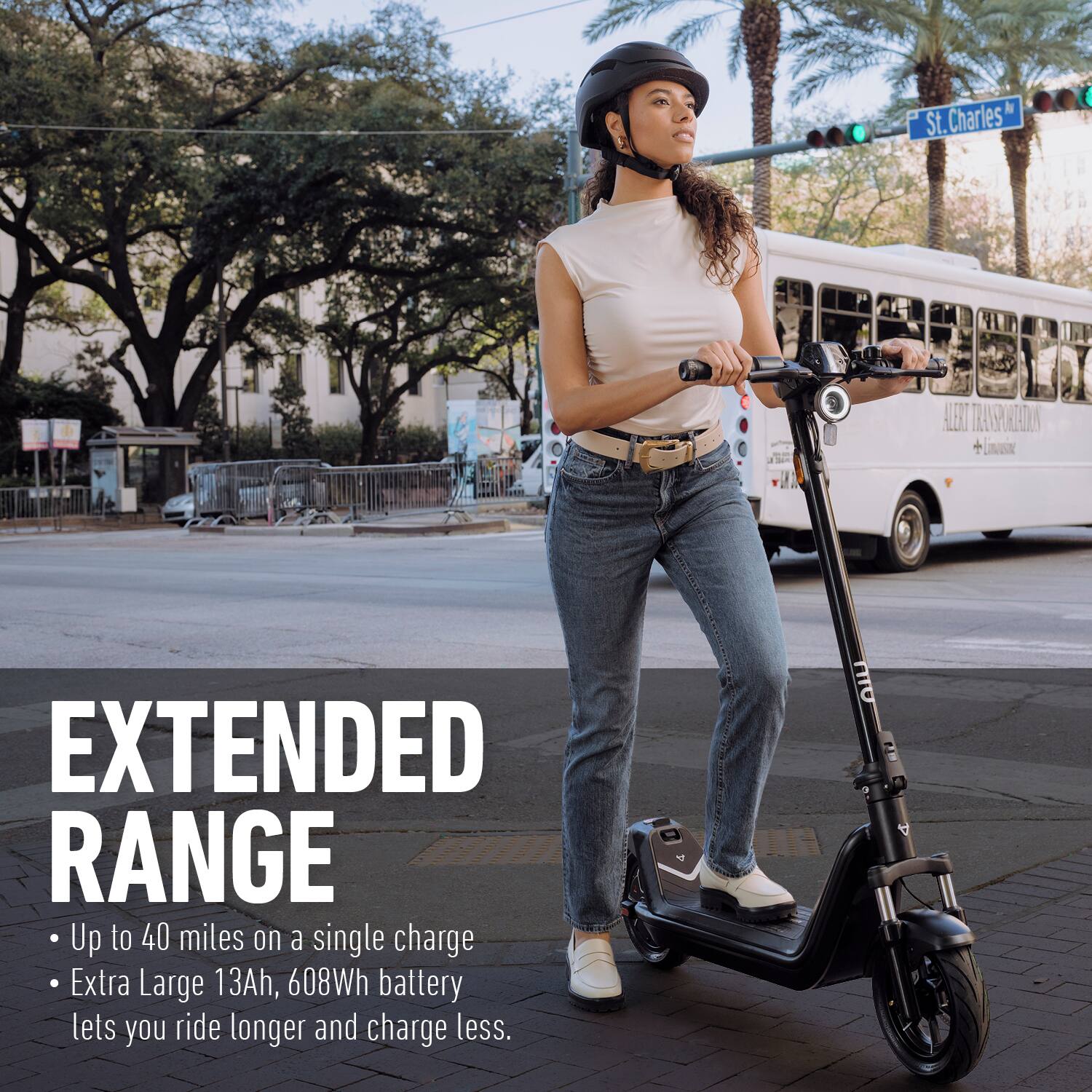 St. Charles ALEST RUP REDA + X EXTENDED RANGE  
Up to 40 miles on a single charge  
Extra Large 13Ah, 608Wh battery lets you ride longer and charge less.