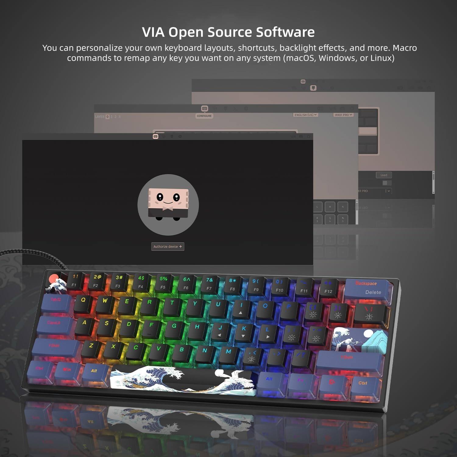 VIA Open Source Software  
You can personalize your own keyboard layouts, shortcuts, backlight effects, and more. Macro commands to remap any key you want on any system (macOS, Windows, or Linux)

LAMER  
23  
CONFIGURE  
ENGLISH (US)  
BAST PRO V  
Goad  
BIPRO  
1:50  
Authorize device  
Takis  
1! F1 Q  
2@ F2 W  
3# F3 E  
4$ F4 R  
5% F5 T  
6^ F6 Y  
7& F7 U  
8* F8 I  
9( F9 O  
0) F10 P  
F11  
F12  
Backspace Delete \ /  
Caps Lock  
A  
S  
D  
F  
G  
H  
J  
K  
L  
;  
'  
Z  
X  
C  
V  
B  
N  
M  
,  
.  
/  
Ctrl  
Alt  
Z  
X  
C  
V  
B  
N  
M
