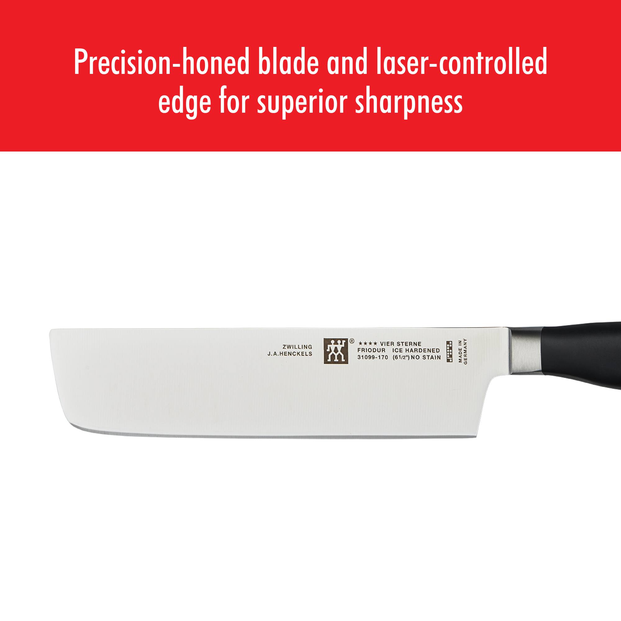 Precision-honed blade and laser-controlled edge for superior sharpness

VIER STERNE ZWILLING NY FRIODUR ICE HARDENED: J.A.HENCKELS m 31099-170 0127 NO STAIN! MADE IN TWERS