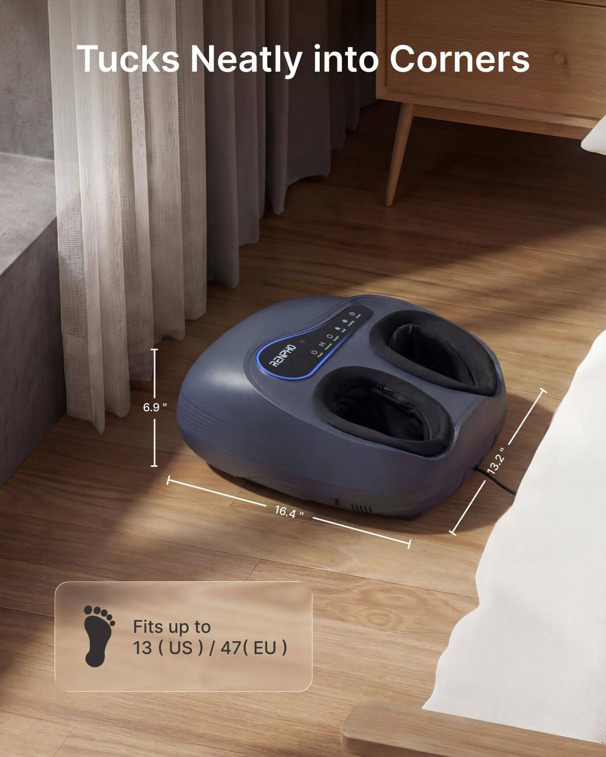 Tucks Neatly into Corners

6.9" 13.2" 16.4"

Fits up to 13 (US) / 47 (EU)