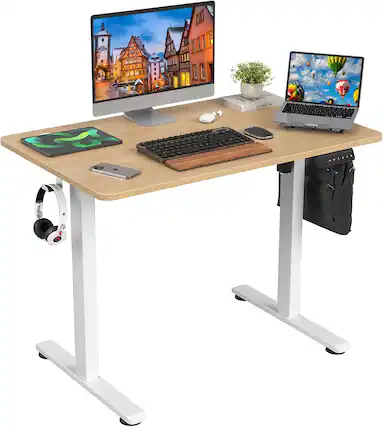 Front. PexFix - Electric Standing Desk 40" for Home Office, Height Adjustable Sit-Stand Desk with Splice Board, 176 lbs Capacity - Oak.