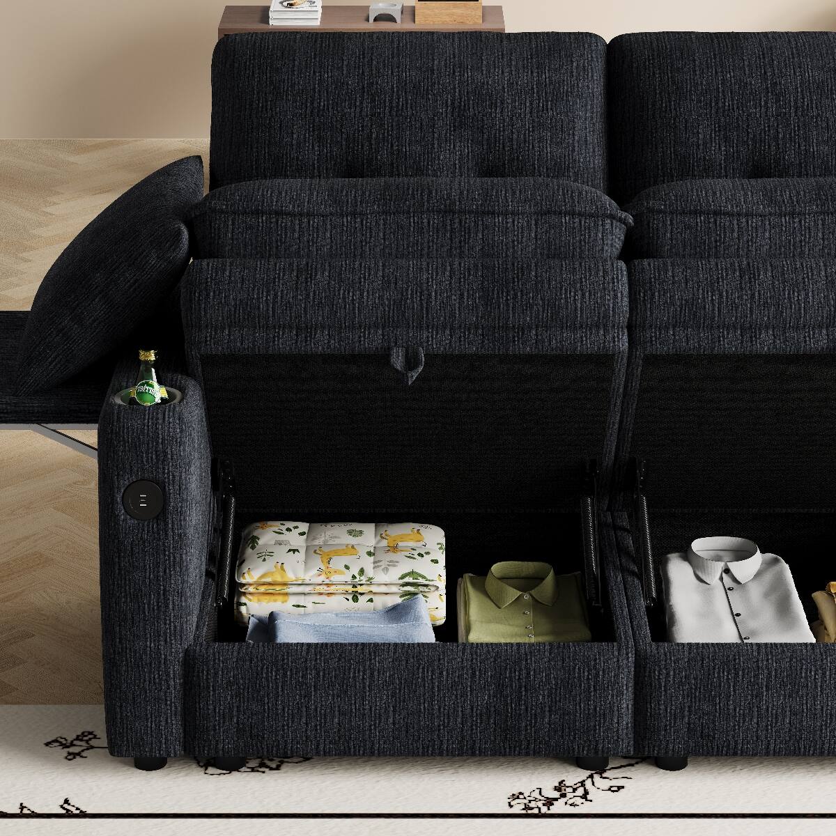 Alt View 3. Ropilly - Ropilly 89 Inch Storage Sofa Contemporary Black Chenille Couch with USB Ports Hidden Tabletop Cup Holders 3 Seat - Black.