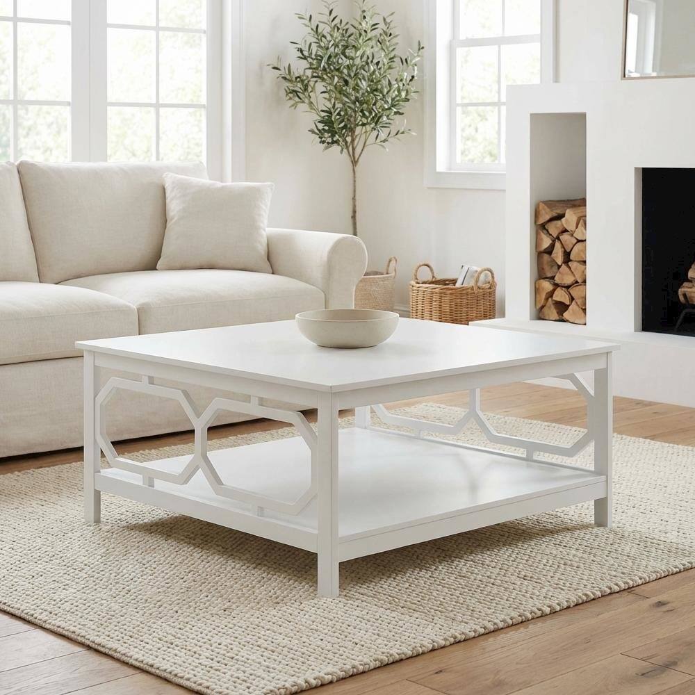 Back. FurniFact - White MDF Coffee Table with Square Top and Sturdy Construction for Living Room - White.