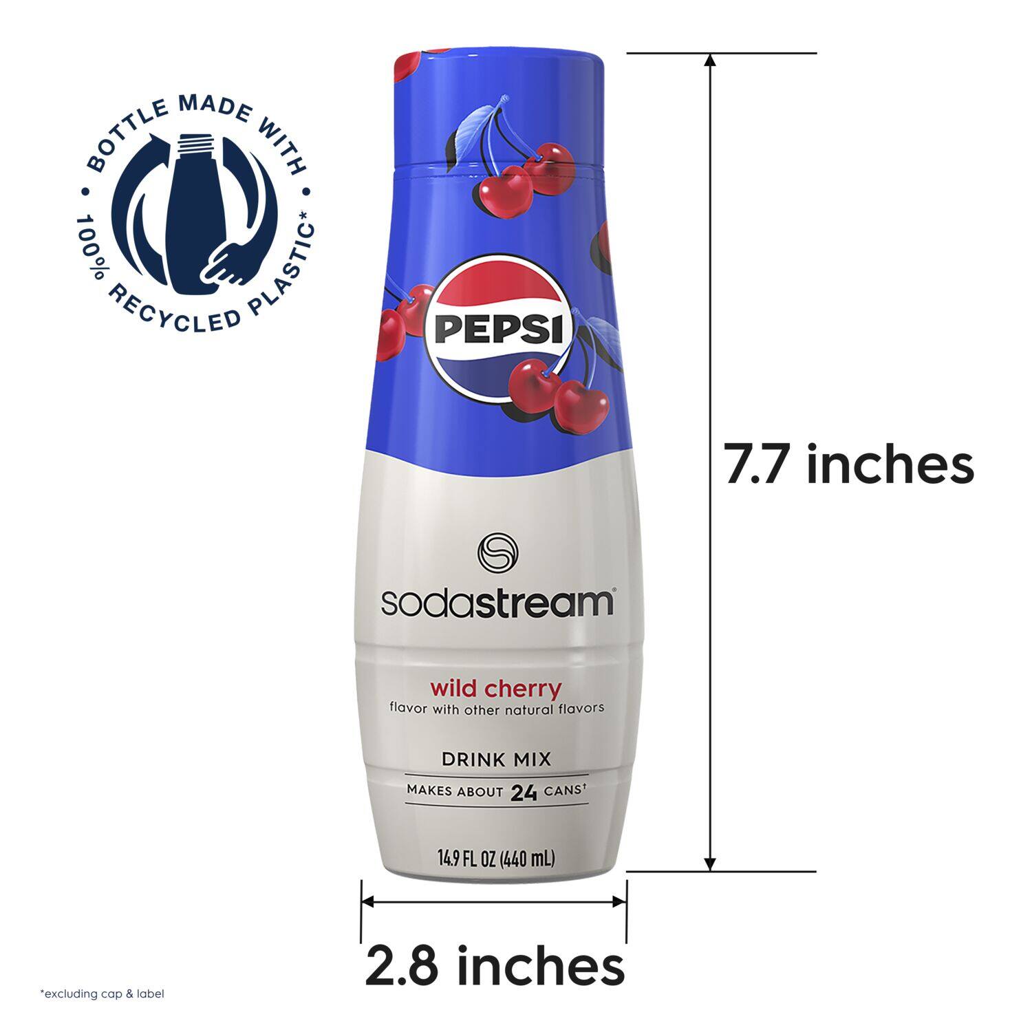 The image features a bottle of Pepsi SodaStream Wild Cherry flavor drink mix. The bottle is made with 100% recycled plastic and measures 7.7 inches tall. The drink mix can make about 24 cans, and the bottle contains 14.9 fl oz (440 mL) of product, excluding the label. The bottle is 2.8 inches in size.