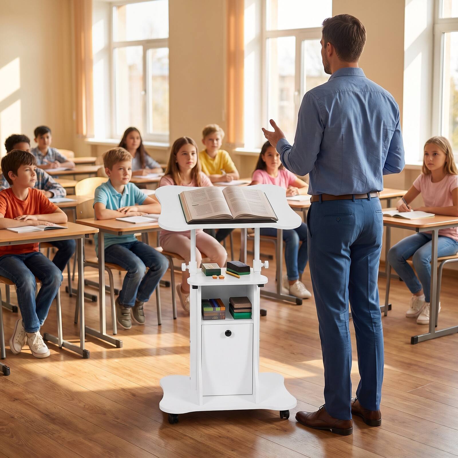 Alt View 3. Costway - Costway Mobile Podium Stand Office Laptop Cart with Storage Adjustable Height - White.