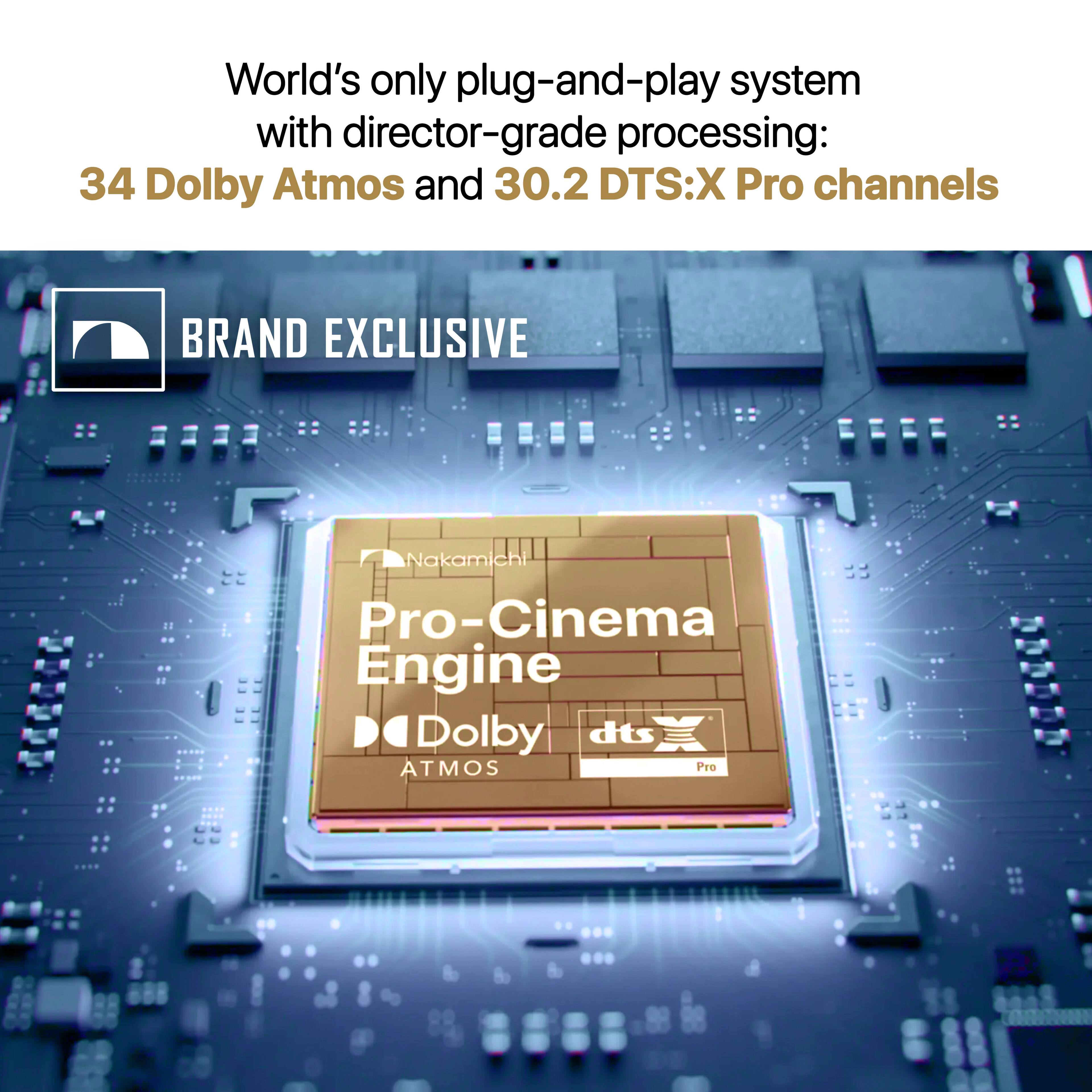 World's only plug-and-play system with director-grade processing:  
34 Dolby Atmos and 30.2 DTS:X Pro channels  

BRAND EXCLUSIVE  
Nakamicht Pro-Cinema Engine  
Dolby dts ATMOS Pro
