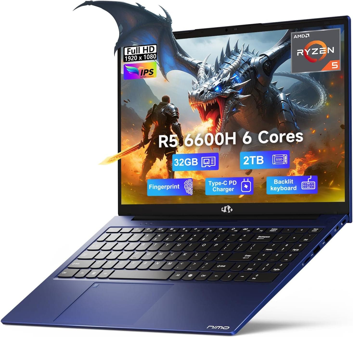 NIMO - 15.6" IPS FHD-Gaming-Laptop, 8 Cores AMD Ryzen 7 6800H 32GB DDR5 RAM 2TB SSD 4.7GHz Fingerprint 100W - Blue