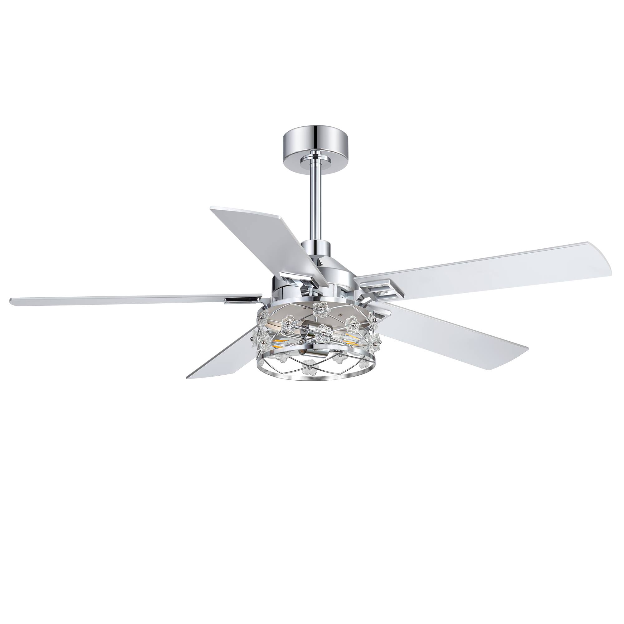 Angle. Breezary - 52-Inch Indoor Ceiling Fan with Light Kit, 5 Plywood Dual-Finish Blades, DC Motor, 5/10'' Downrods, Remote, Glass Shade - Chrome with Silver & Woodgrain Blades.