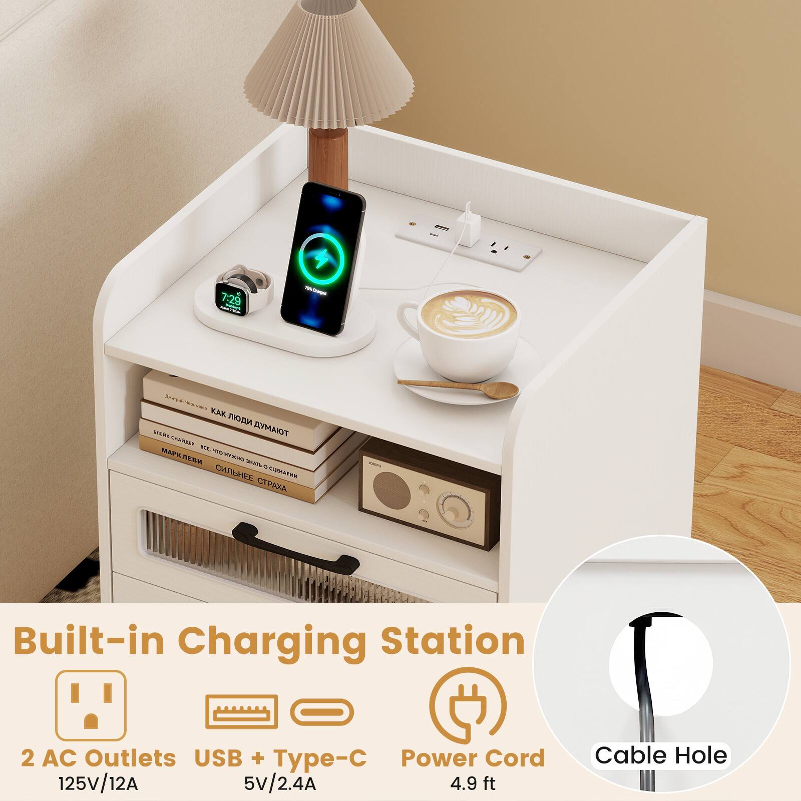 7:29 - ni - V.AX. - TIAMYA Condors DA - MAS NYRI DEBM T - . LUNAPIA CIP

Built-in Charging Station
2 AC Outlets USB + Type-C
125V/12A 5V/2.4A
Power Cord 4.9 ft
Cable Hole