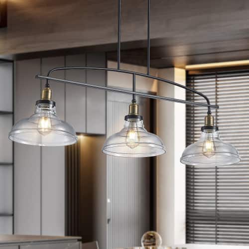 LISM - 45" Industrial 3-Light Pendant Chandelier Adjustable Height with Clear Glass Shades (Bulb Not Included) - Black